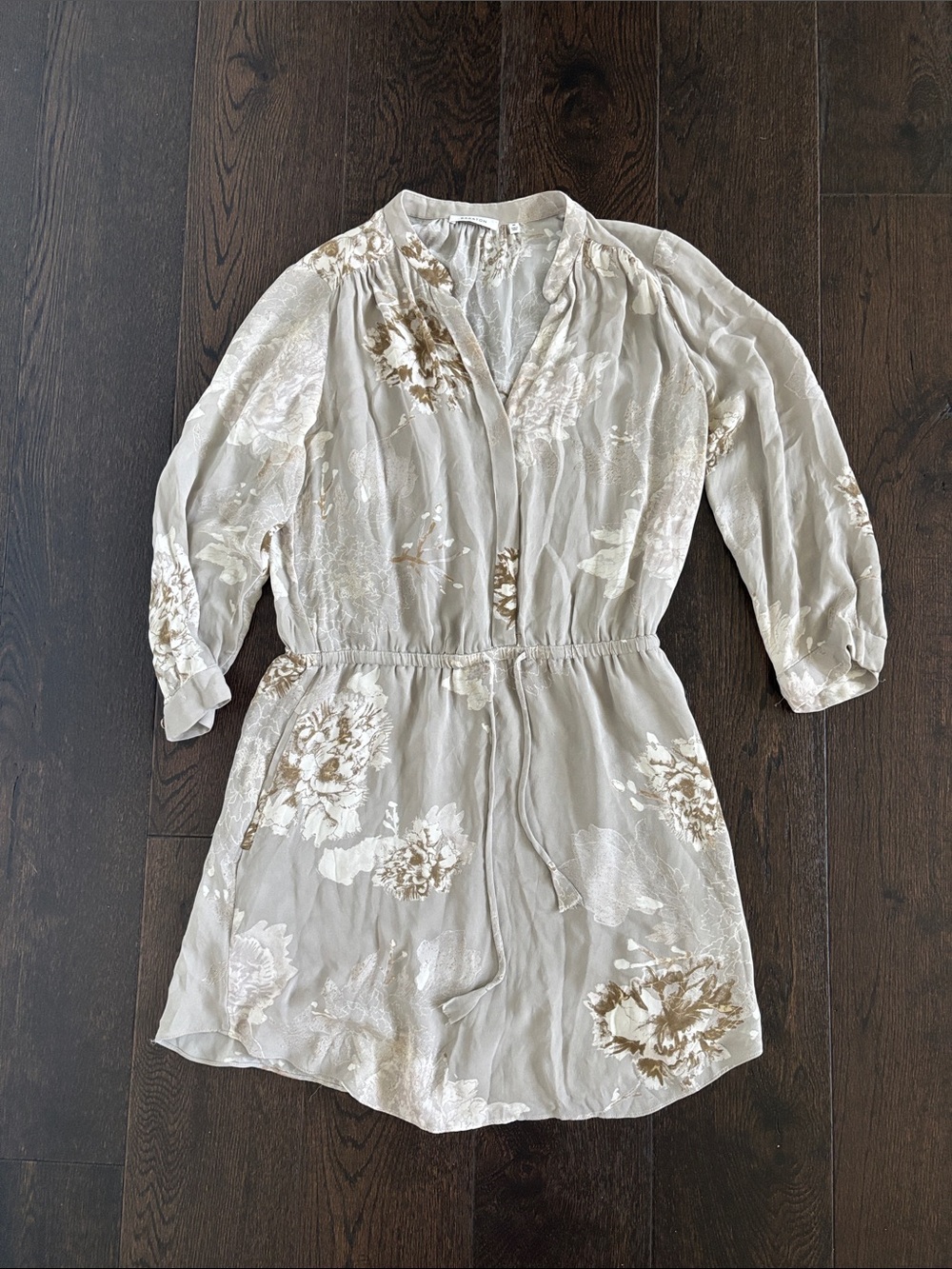 100% Silk Light Gray Floral Tie-Waist Dress